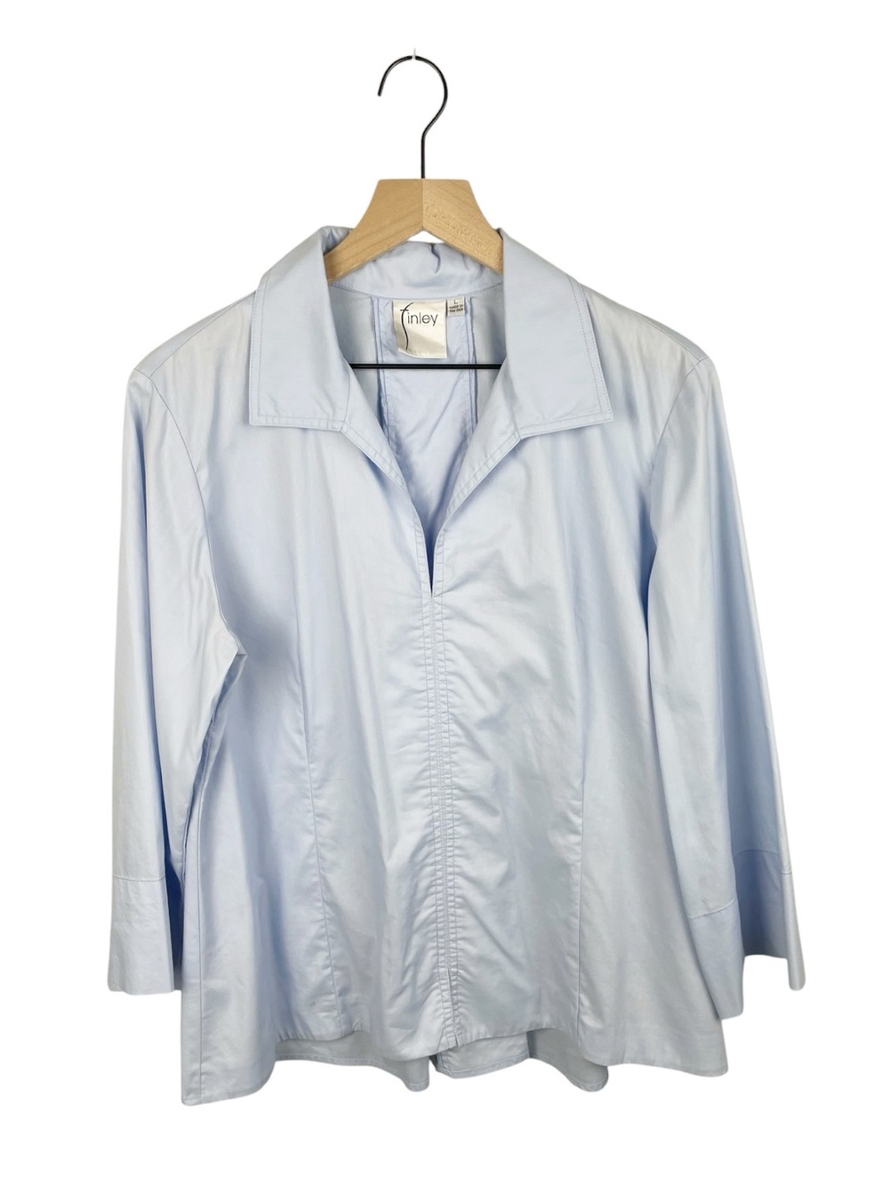 Finley 3/4-Sleeve Stretch Cotton Swing Shirt Size Large Pale Blue Sateen Collar